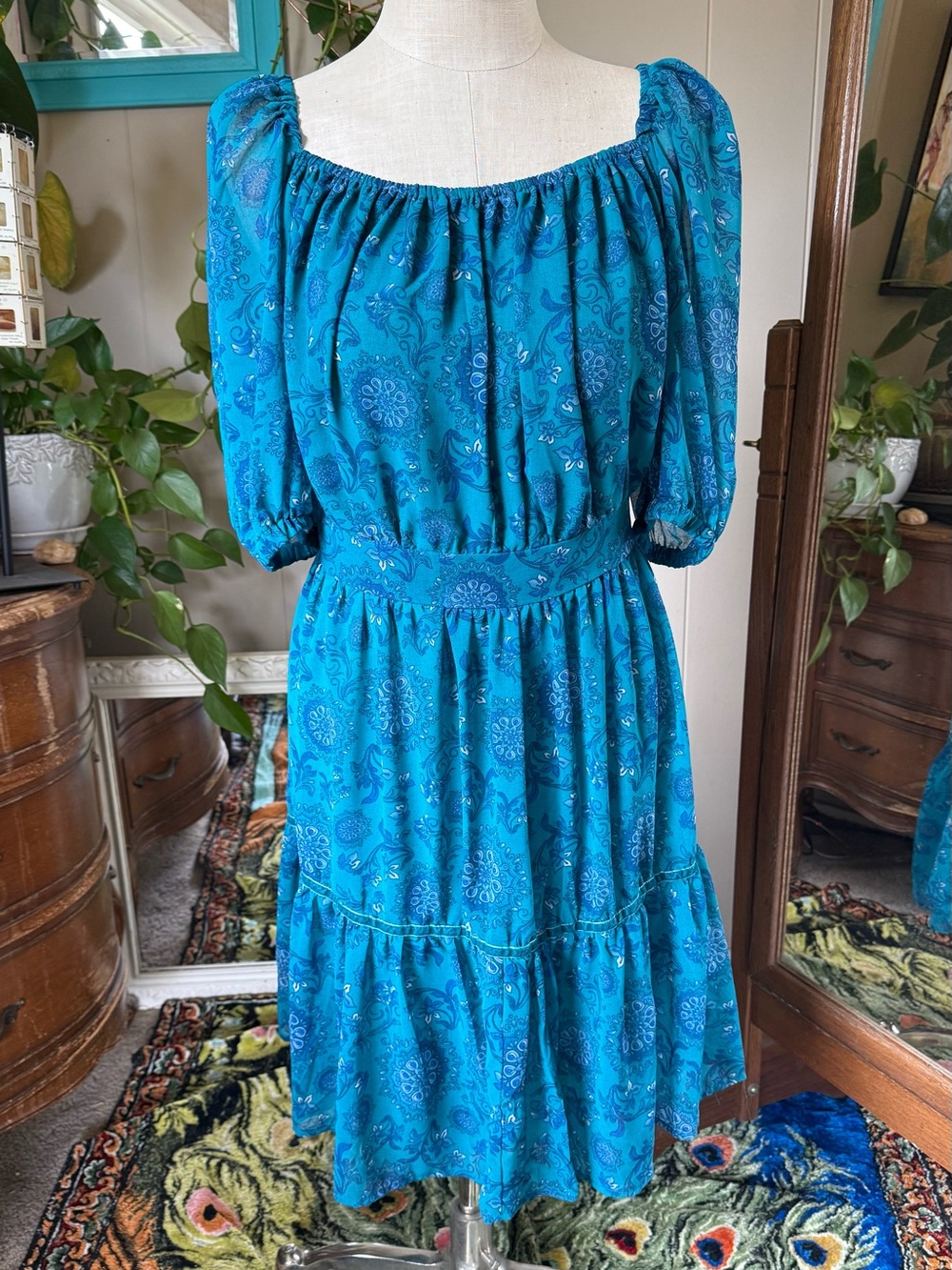 Standards & Practices Teal Peasant Dress with Puff Sleeves, plus size 1X